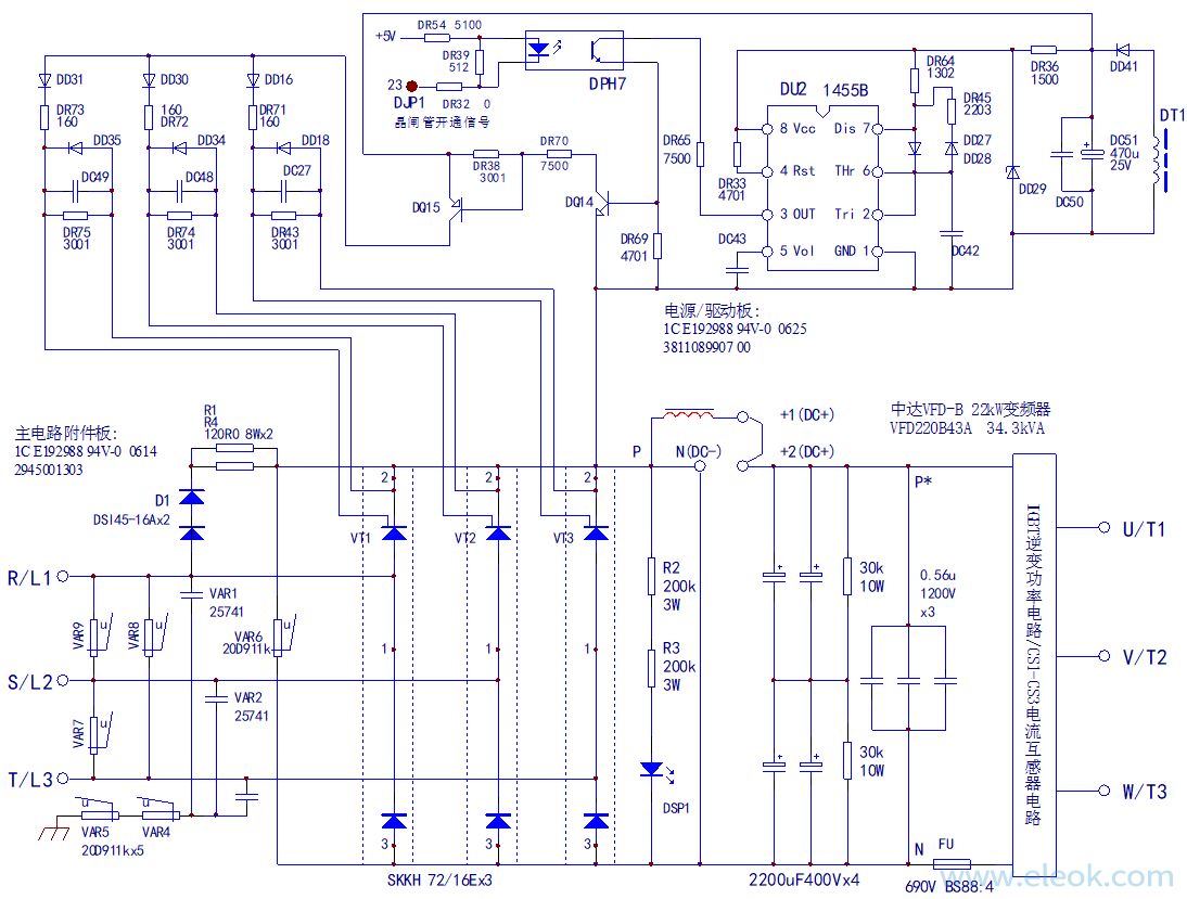图1 中达VDF-B型22kW变频器主电路（简化图）